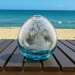 Caithness Glass Scotland Etched "Yacht at Sea" Blue Glass Vase/Paperweight 5"